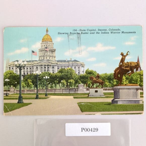 State Capitol Denver Colorado 1948 Linen Postcard Broncho Buster Indian Warrior - Picture 1 of 2